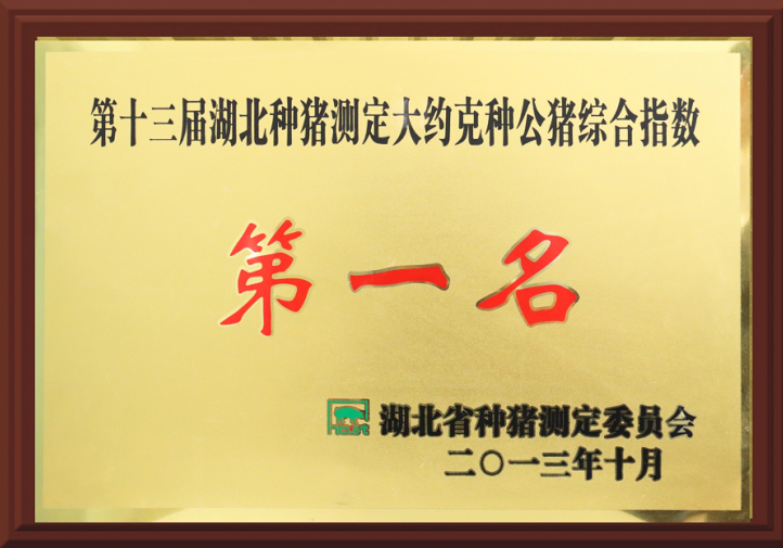 第十三屆湖北種豬測定大約克種公豬綜合指數第一名